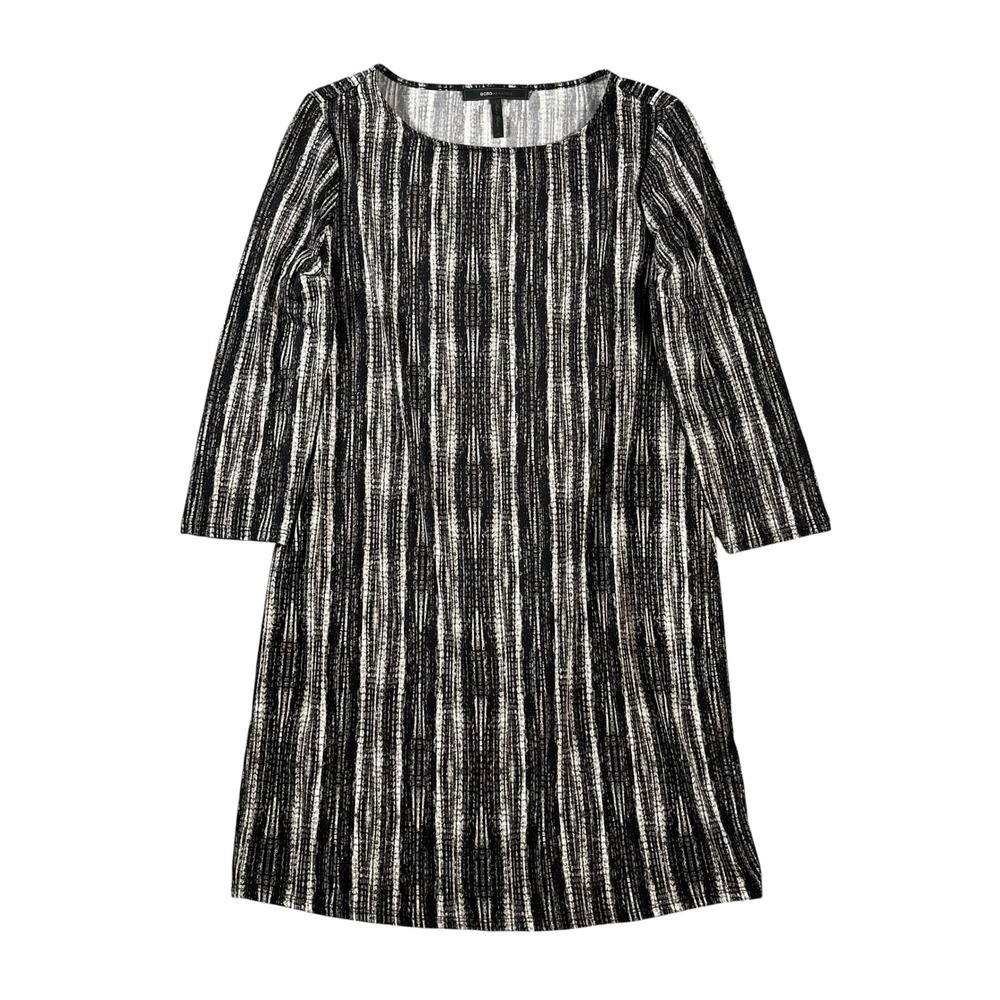 BCBGMAXAZRIA Womens Black White Striped 3/4 Sleeve Shift Mini Dress Size Small